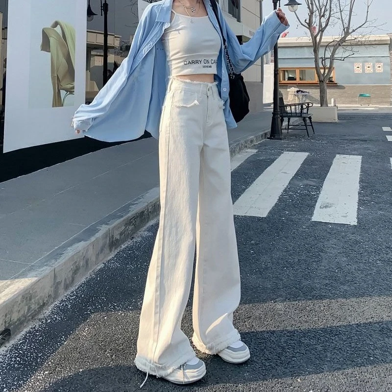 2026 Trendy Wide Leg Jeans for Women High Waist Straight Fit Raw Hem Design Perfect for Pear Shape Body Drag Pants