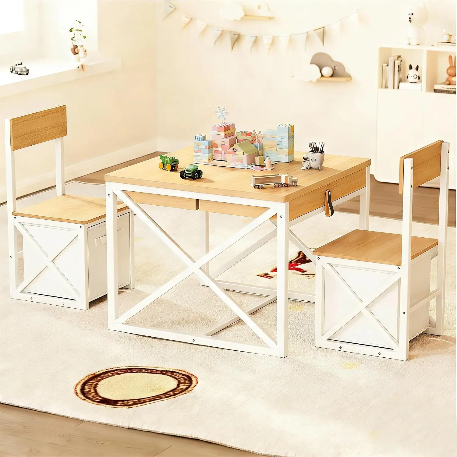 Kids Table and 2 Chairs Set, 4 in 1 Toddler Activity Table and Chairs Set with Storage, Children Desk and Chairs Set for Crafts, Drawing, Reading, Toddler Furniture Ideal for Learning Play