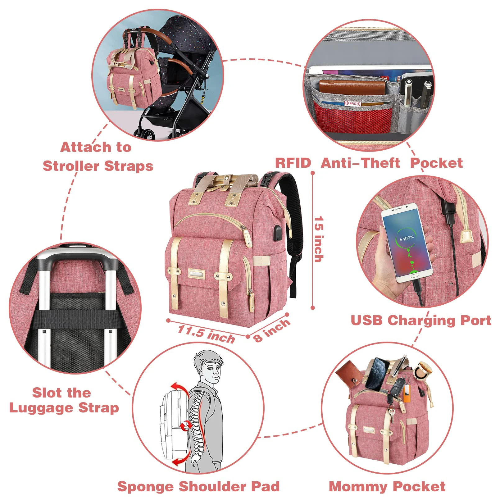 Custom Logo Insulated Pocket USB Charging Port Portable Diaper Bag For Dad Mom Travel