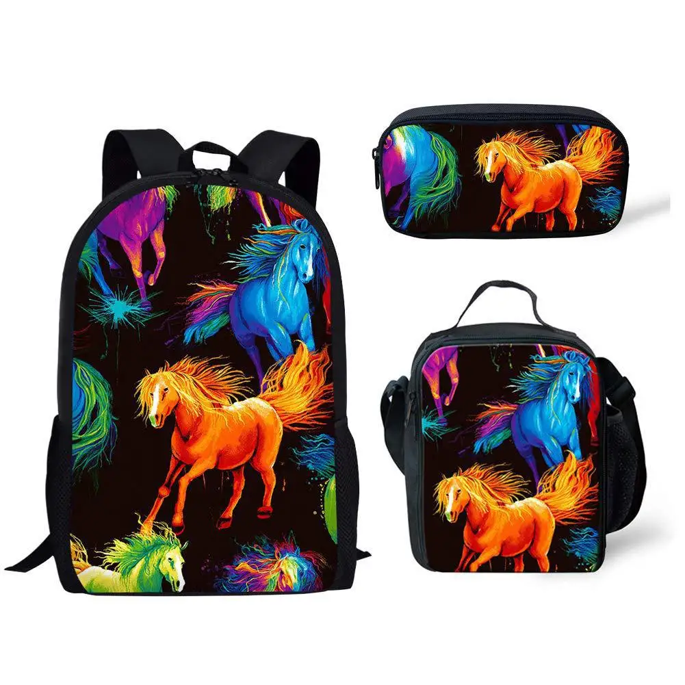 Cartoon Novelty Cool Broken flower horse 3D Print 3pcs/Set pupil School Bags Laptop Daypack Backpack Lunch bag Pencil Case