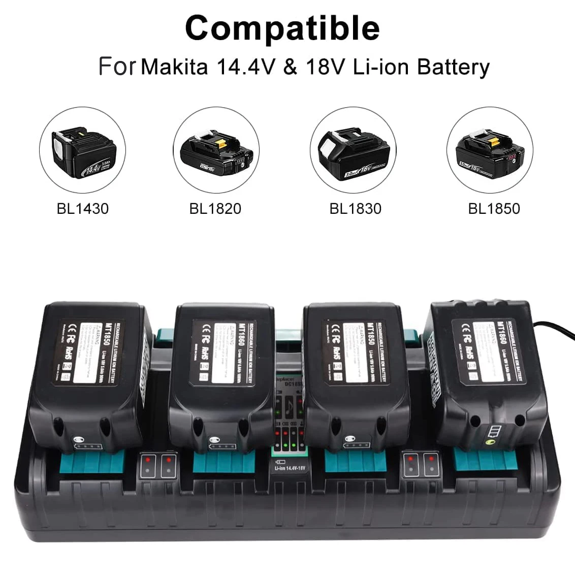 DC18SF 4-Port Charger For Makit Battery 14.4V 18V 3A Li-Ion BL1830,BL1830B,BL1840,BL1840B,BL1850,BL1850B,BL1860,BL1860B