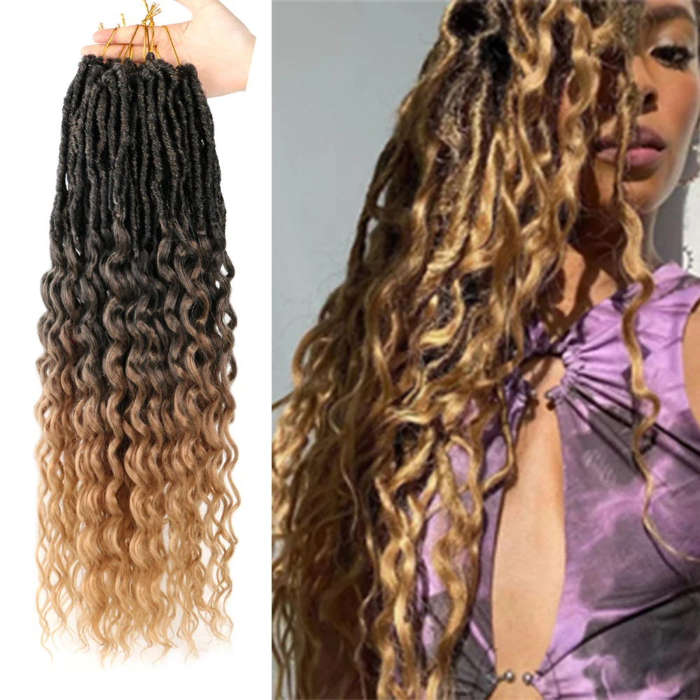 Synthetic 24Inch Long Deep Wave Curly Faux Locs Crochet Braiding Hair Goddess Ombre Bohemian Soft Locks Braids Hair Extensions