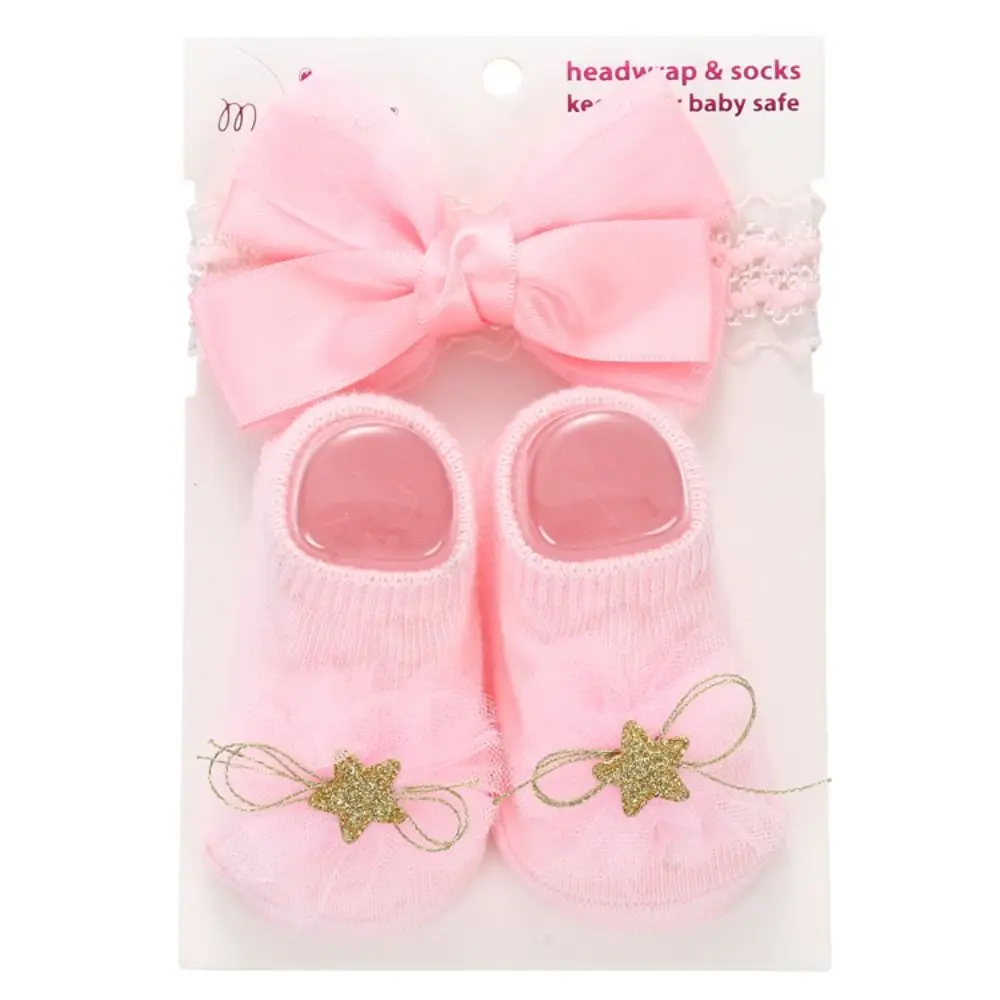 New Floral Lace Socks Set Tulle Cotton Blend Headband Set Soft Stretch Bow Decor Infant Socks Set Infant Girls