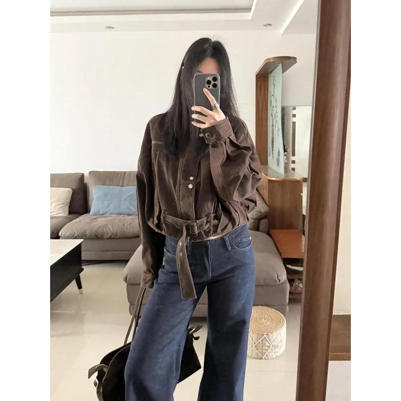 American High Street Standing Collar Short Baseball Jacket for Women 2025 Autumn New Retro Motorcycle Long Sleeved Jacket Top