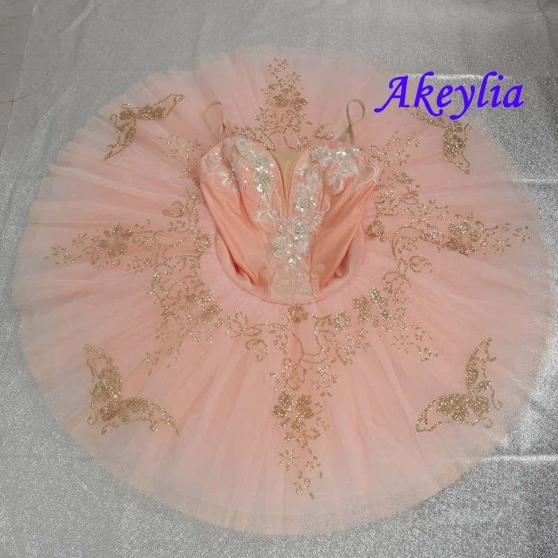 Akeylia girls Fairy doll tutu ballet peach pink gold Classical Group Dance performance Costume Ballet Tutu 7 layer 20099