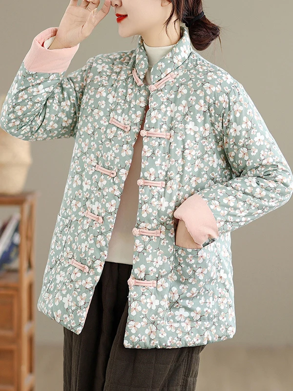 

New Chinese Sle Floral Print Loose Cotton Jaet Women's Winter Coat Button Closure Casual Straight Cut Long Sve Coat