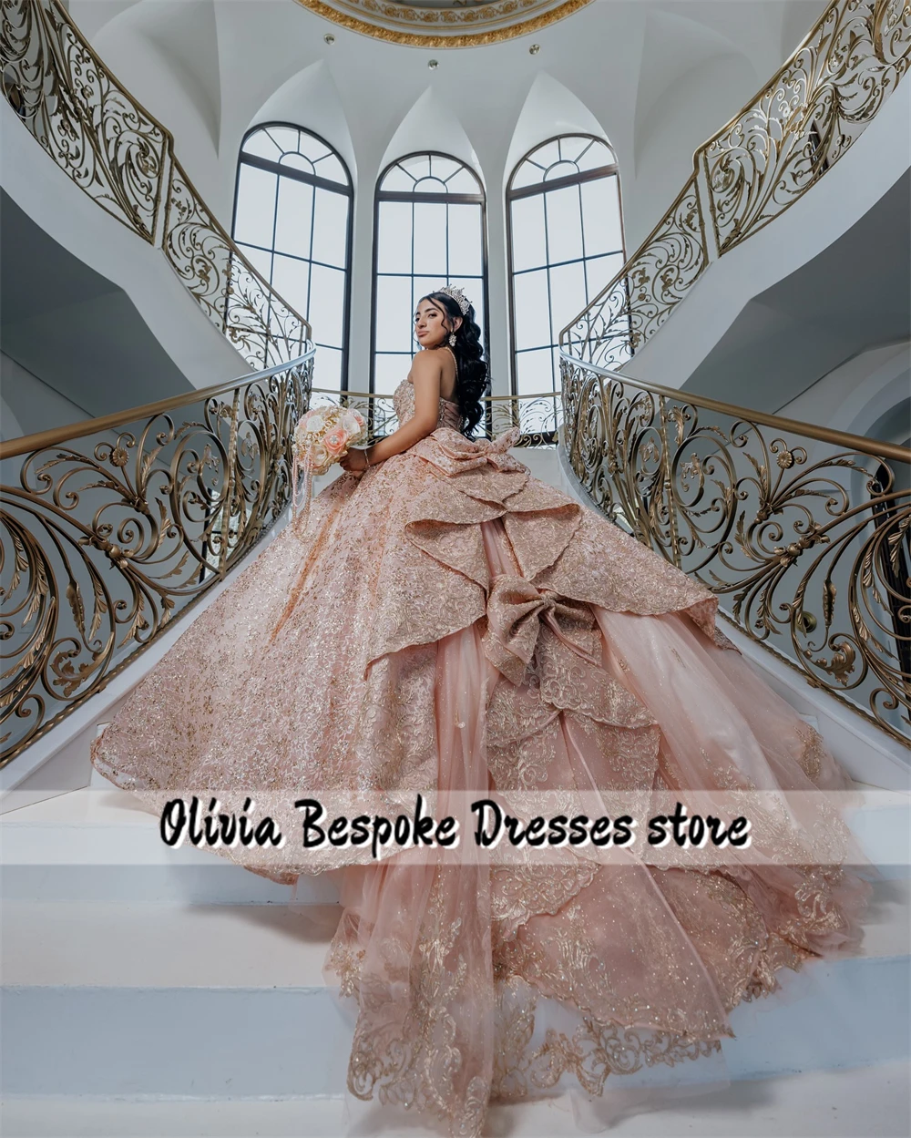 Robes de Quinceanera avec nœud à volants, appliques de dentelle perlée rose blush, robe de Rhpersonnalisée, fête d'anniversaire, 15 ans