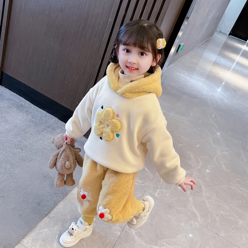 Baby Girls Autumn Winter Clothing Sets Children Warm Thickened Hooded Sweater Pants 2 Pcs Kids Casual Clothes Outfits Tracksuits