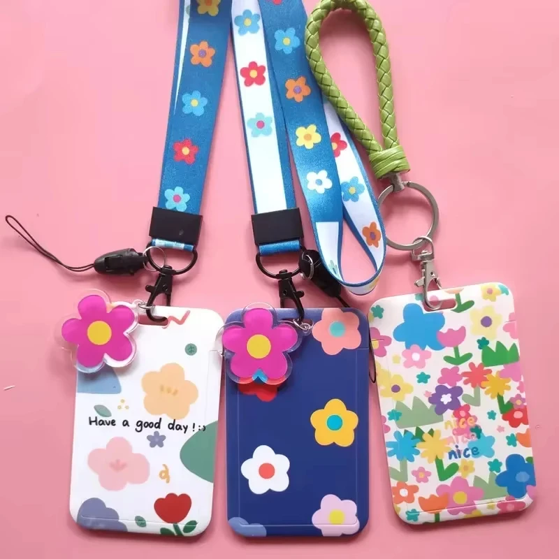Women Girls Flower ID Credit Card Holder Identity Badge Cards Cover Wallet Girls Students Bus Card Case with Lanyard Cardholder