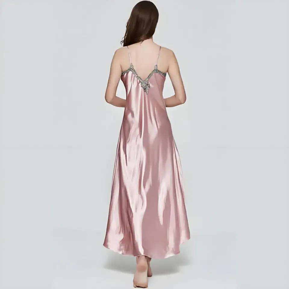 Ladies Womens Satin Long Nightgowns Silk Lace Sexy Female Sleeveless Deep V Nightdress Night Dress Sleepwear
