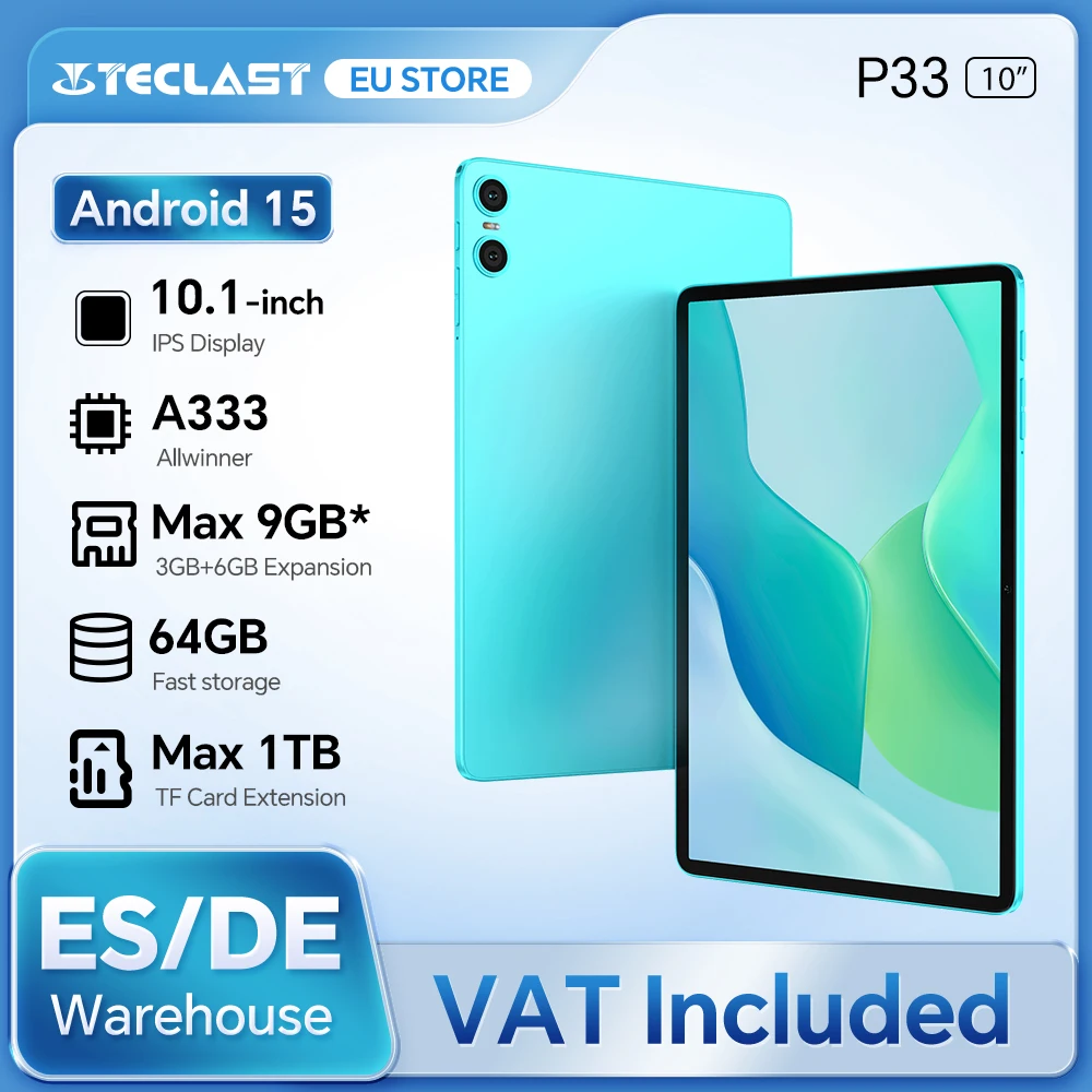 Tablet Teclast P33 Android 15, Tela IPS de 10.1 Polegadas, Allwinner A333, 9GB (3GB+6GB) de RAM, 64GB de ROM (Expansível até 1TB), WiFi 6, Bateria de 6000mAh, Câmera de 5MP, Corpo em Metal, Tablet PC