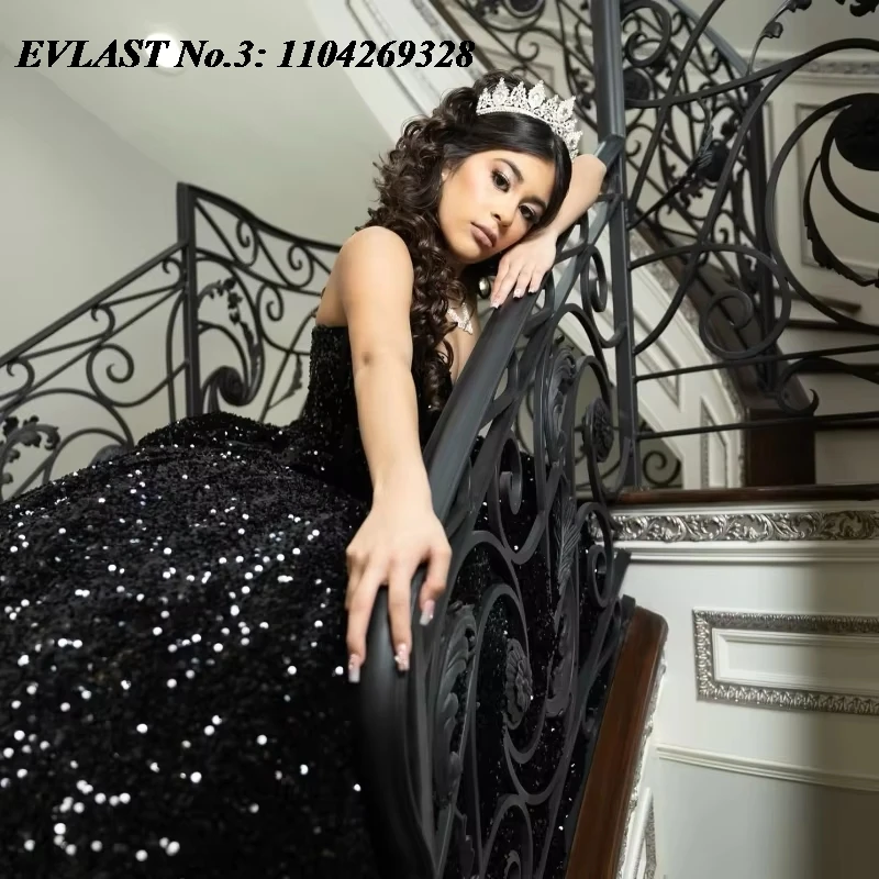 EVLAST ที่กําหนดเองสีดํา Quinceanera ชุดเจ้าหญิงปิดไหล่ Sequined หวาน 15 วันเกิดพรรค Vestido 15 De Años E3Q162