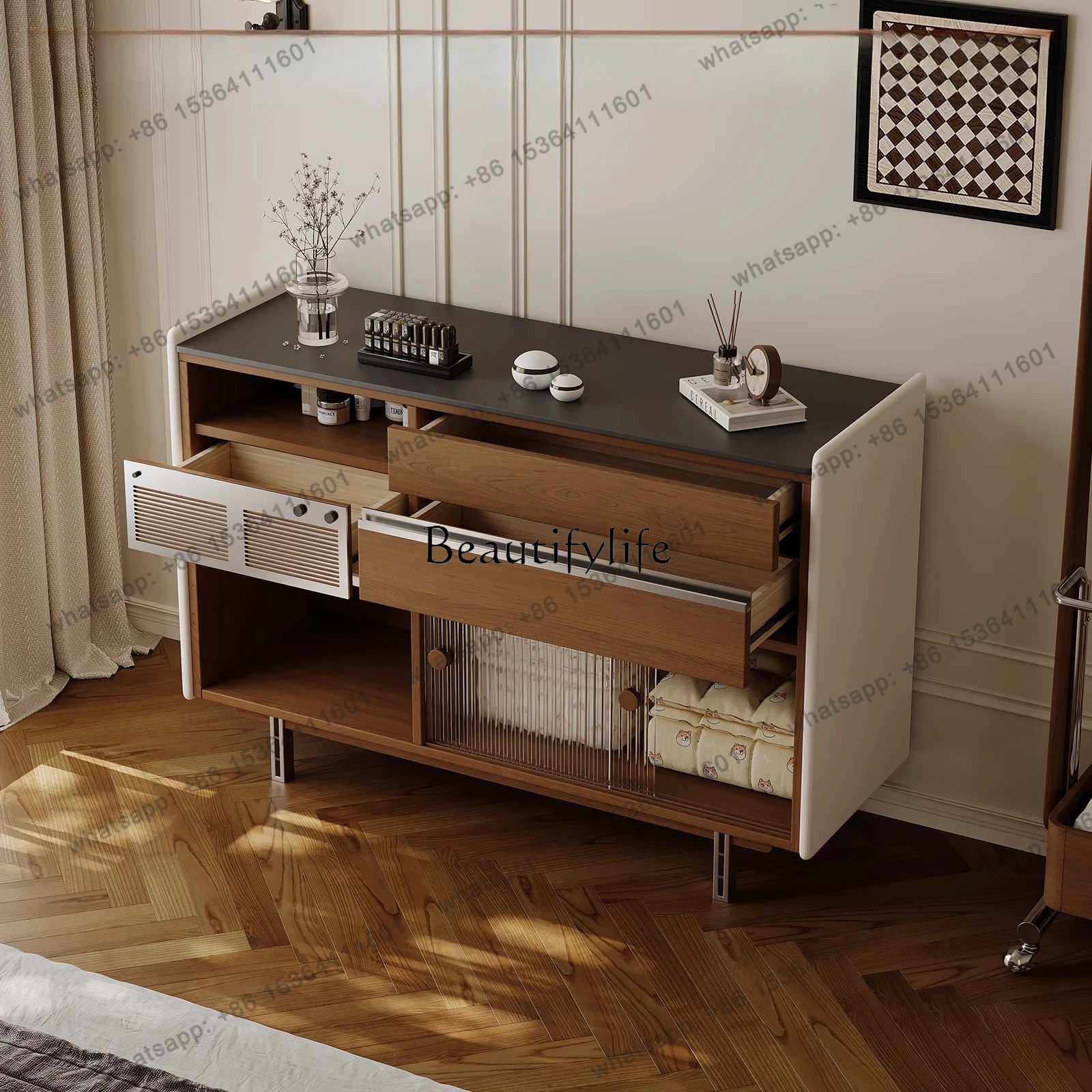 

X4 French retro cherry wood bedroom end cabinet multi-storage drawer wall low cabinet