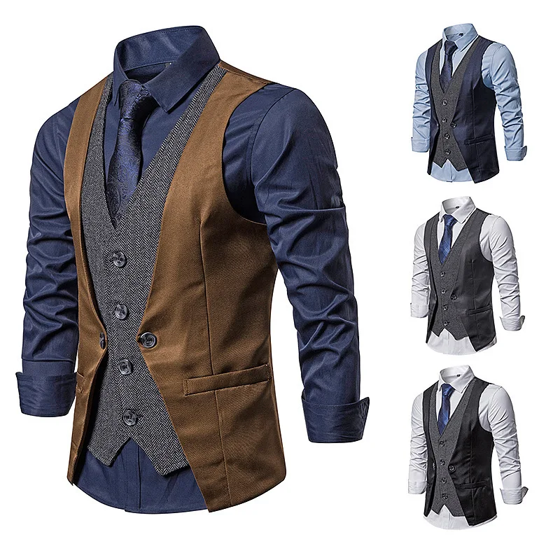 Spring New Men\'s Personalized Patchwork Fake Two-piece Single Breasted Casual Slim Fit Solid Color Vest Top