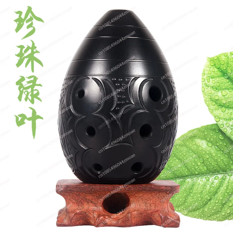 8-Hole Pear-Shaped Black Pottery Xun, Traditional Chinese Folk Wind Instrument for Student Beginner Learning & Performance
