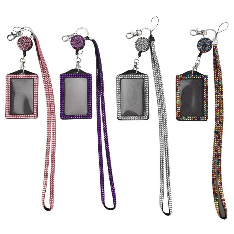 4 Sets Rhinestone Lanyard ID Card Holder Crystal Retractable Badge Reel Rhinestone Neck Lanyard Card Holder