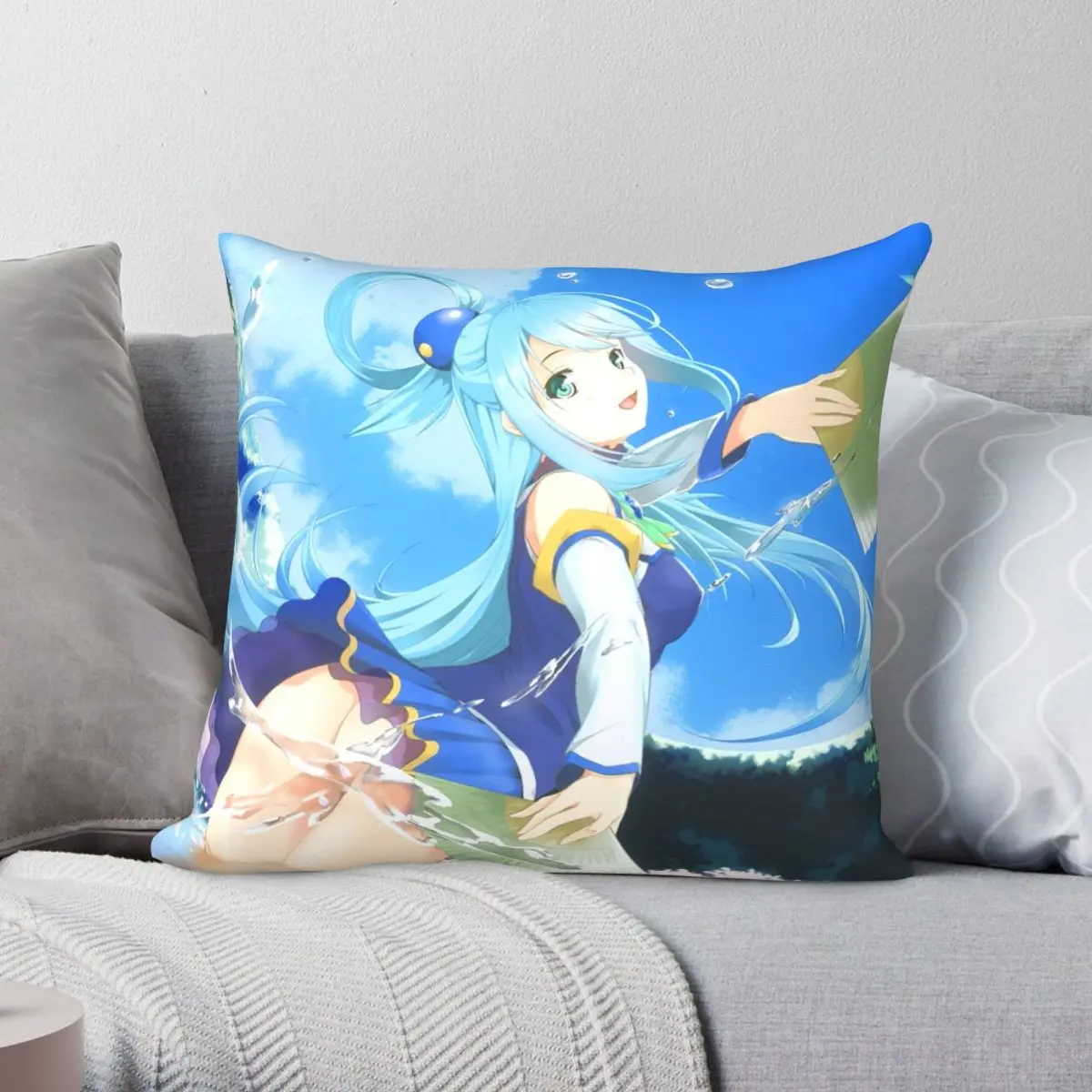 Funny Aqua KonoSuba Anime Girl Pillowcase Polyester Linen Velvet Printed Zip Decor Pillow Case Sofa Seater Cushion Cover