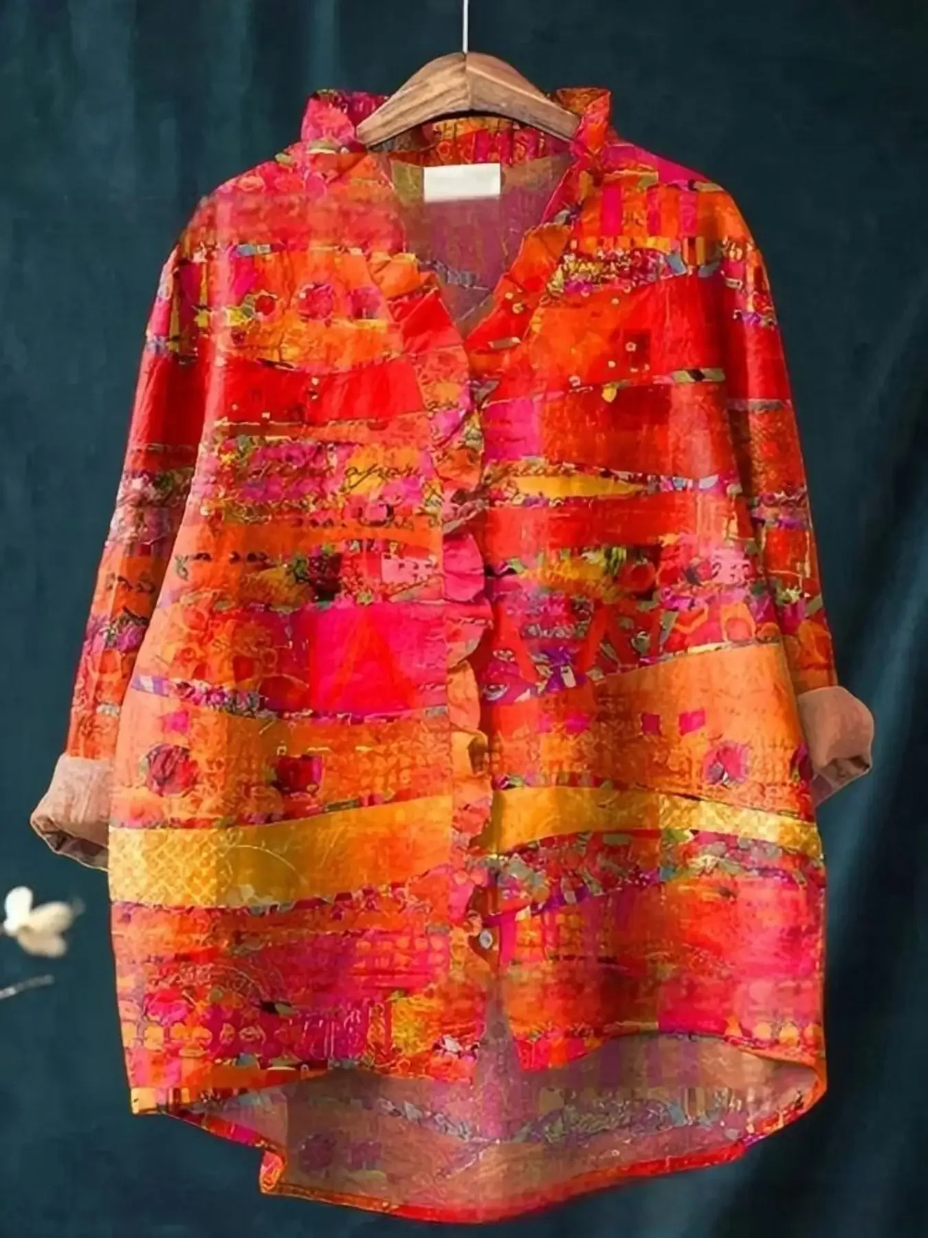 2026 new women's printed long sleeved shirt with ruffled collar, Holiday shoppers, curvaceous women