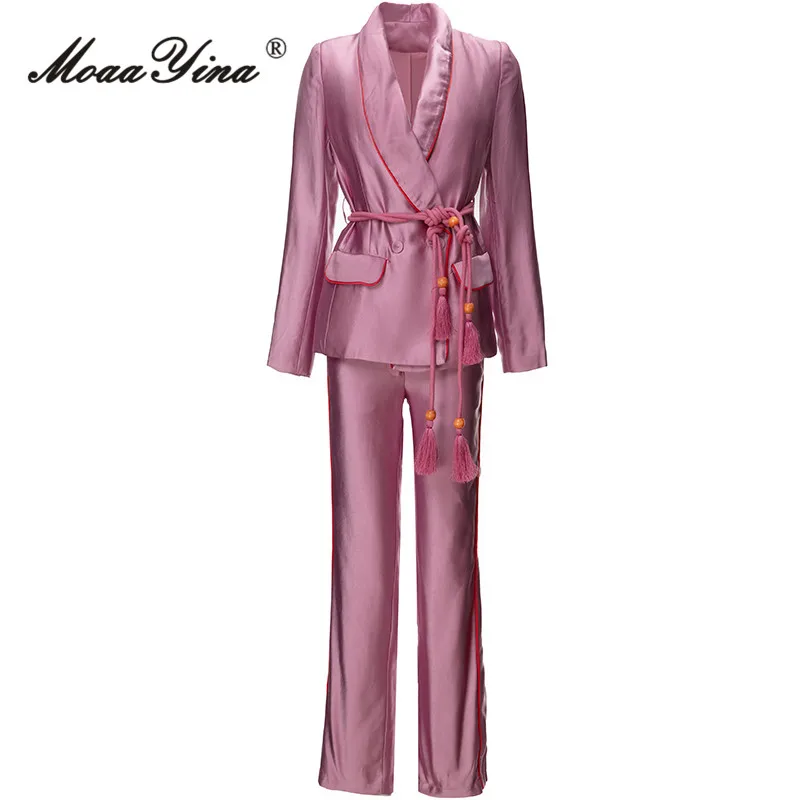 

MoaaYina Autumn Fashion Designer Pink Vintage Pants Set Women's Lapel Frenulum Slim Suit Coats+Straight Trousers 2 Pieces Set