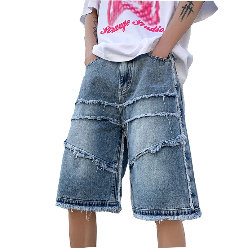 American High Street Men\'s Wide Leg Denim Shorts Summer 2023 New Fashion Casual Baggy Short Jeans Male Chic Burrs Clothes