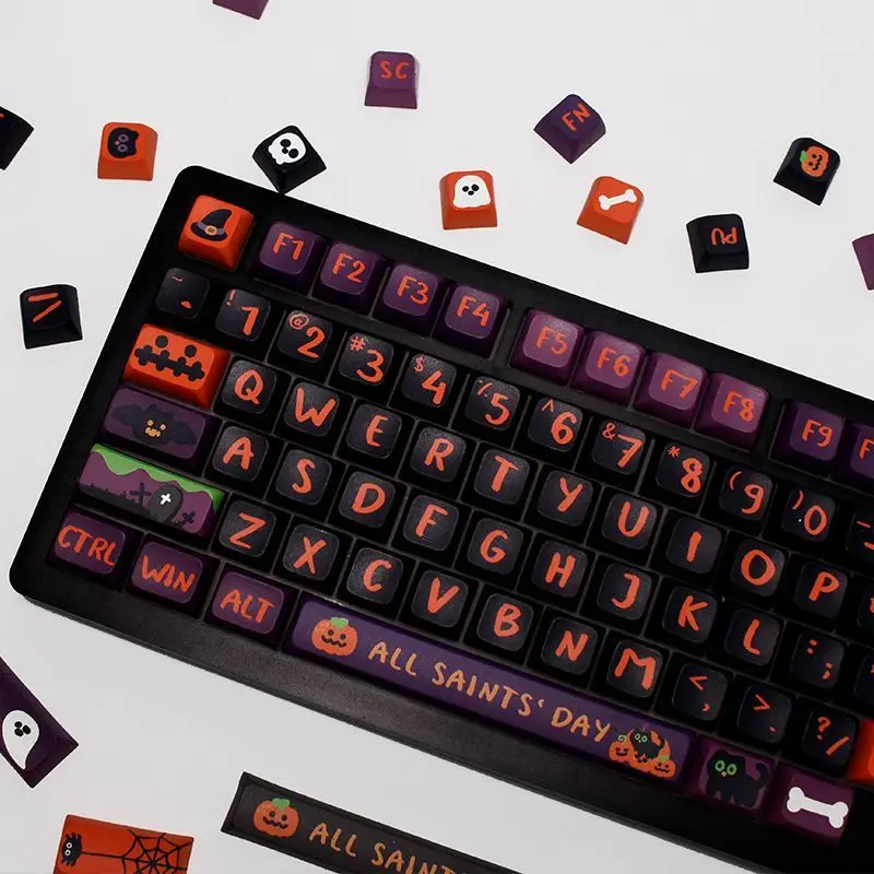 Halloween Pumpkin Lantern XDA Keycaps Black Large Characters Cute Five-Sided Sublimation Mechanical Keyboard Universal Keycaps