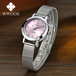 Wwoor 2023 simples rosa dial relógio de quartzo feminino design minimalista malha cinto relógio de pulso pequeno dial moda feminina reloj mujer