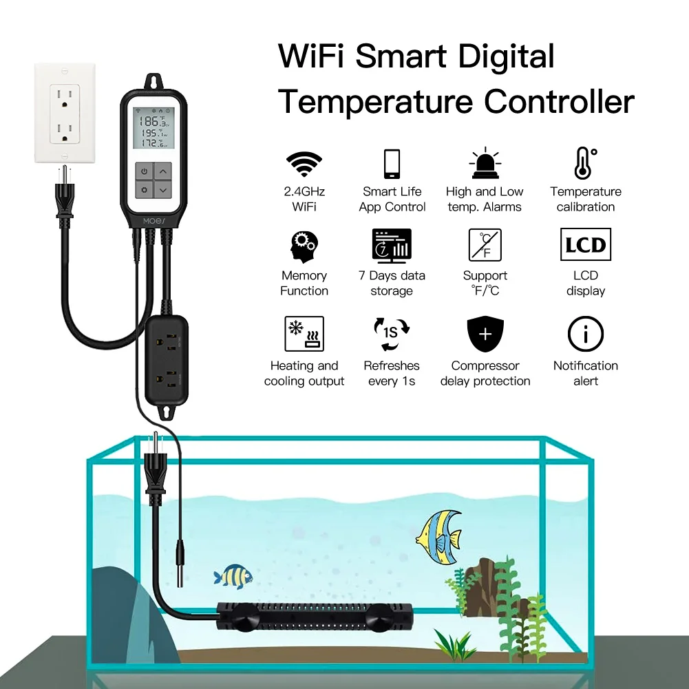 WiFi Digital Temperature Thermostat Outlet Plug Heating Cooling Mode Carboy Aquarium Home Brewing Tuya Smart Life App Control