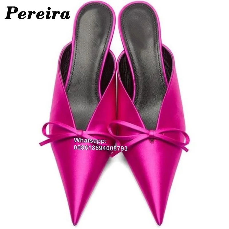 

Pereira Pink Solid Bow Knot Mules Shoes Slippers Women Thin High Heel Slip On Pointed Toe Women Summer Dress Shoes On Heels