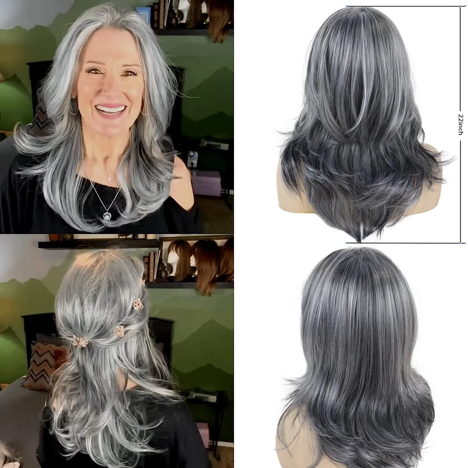 GNIMEGIL Synthetic Wig With Curtain Bangs Long Layered Wig Natural Silver Gray Wigs Women Salt and Pepper Hair Halloween Costume