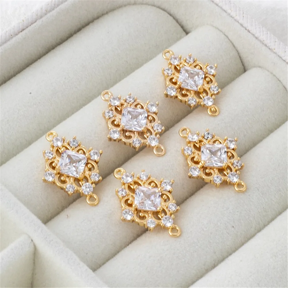 

14K Bag Gold Inlaid Zircon Rhombus Double Hanging Pendant Earrings, Jewelry Accessories, 13*18mm mm, DIY