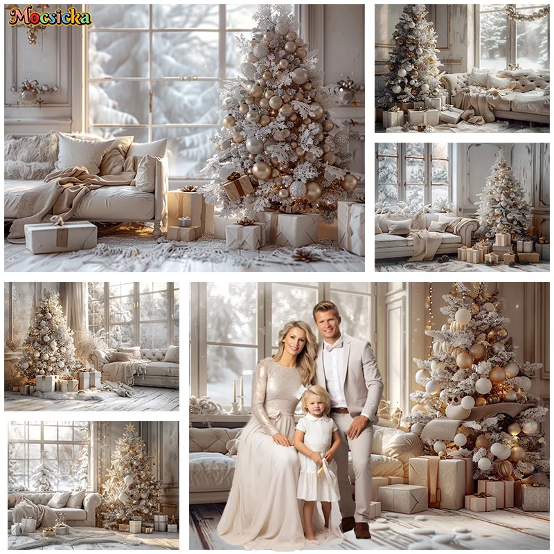 Mocsicka Winter Photography Background Christmas New Year Party Xmas Tree Sofa Window View Backdrop Family Portrait Photo Banner