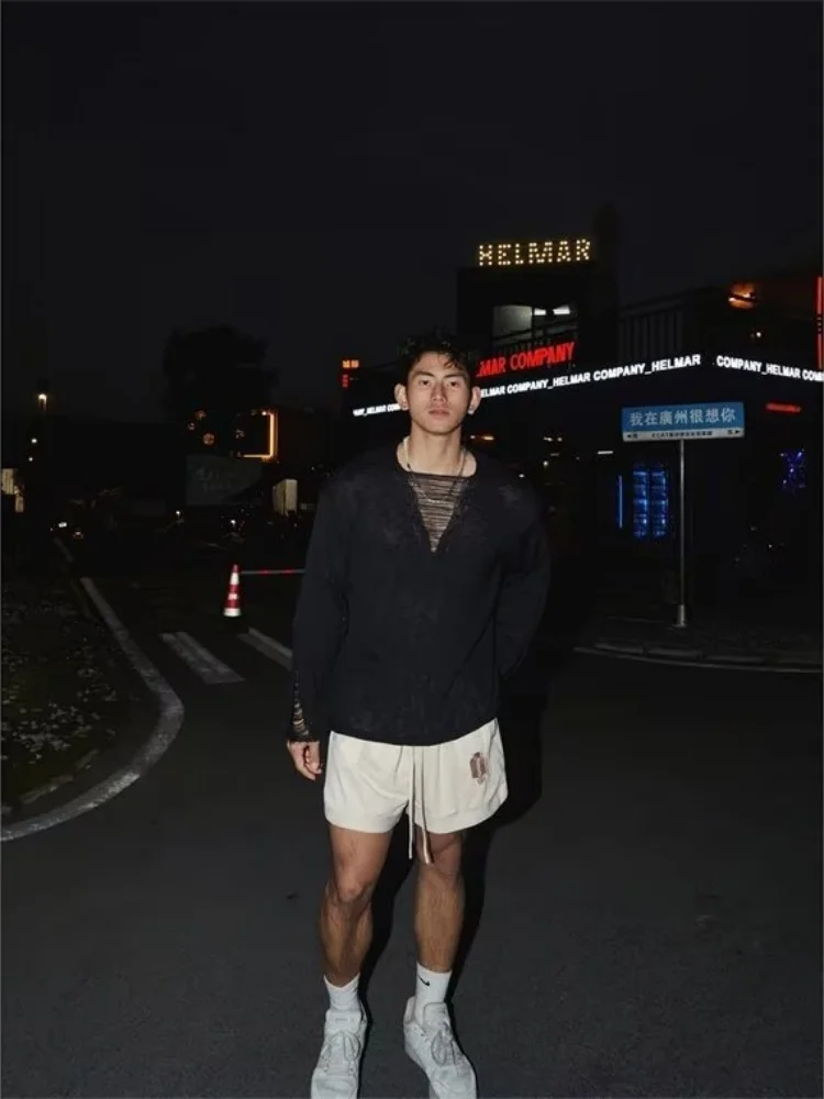 Autumn Men's Knitting Sweater Thin Hollow Out Knit Sweater Deep V Neck Lazy Pullover Alluring Destructive Design Upper Garment