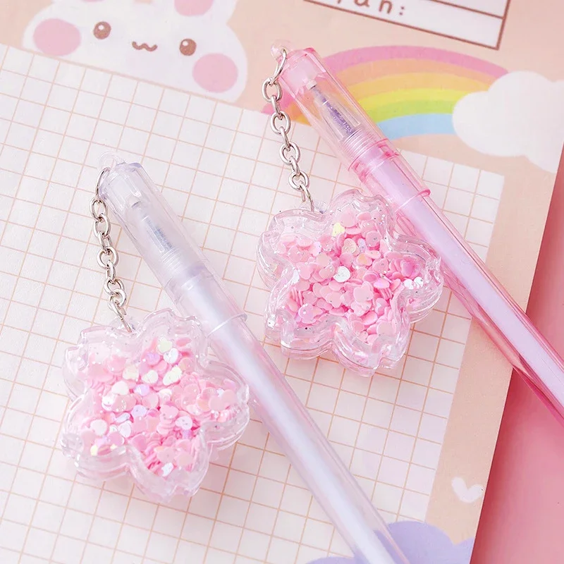 2pcs Cherry Blossom Gel Pens Cute Sequins Pendant Neutral Pens for Student Korean Stationery Writing Tool School Office Supplies