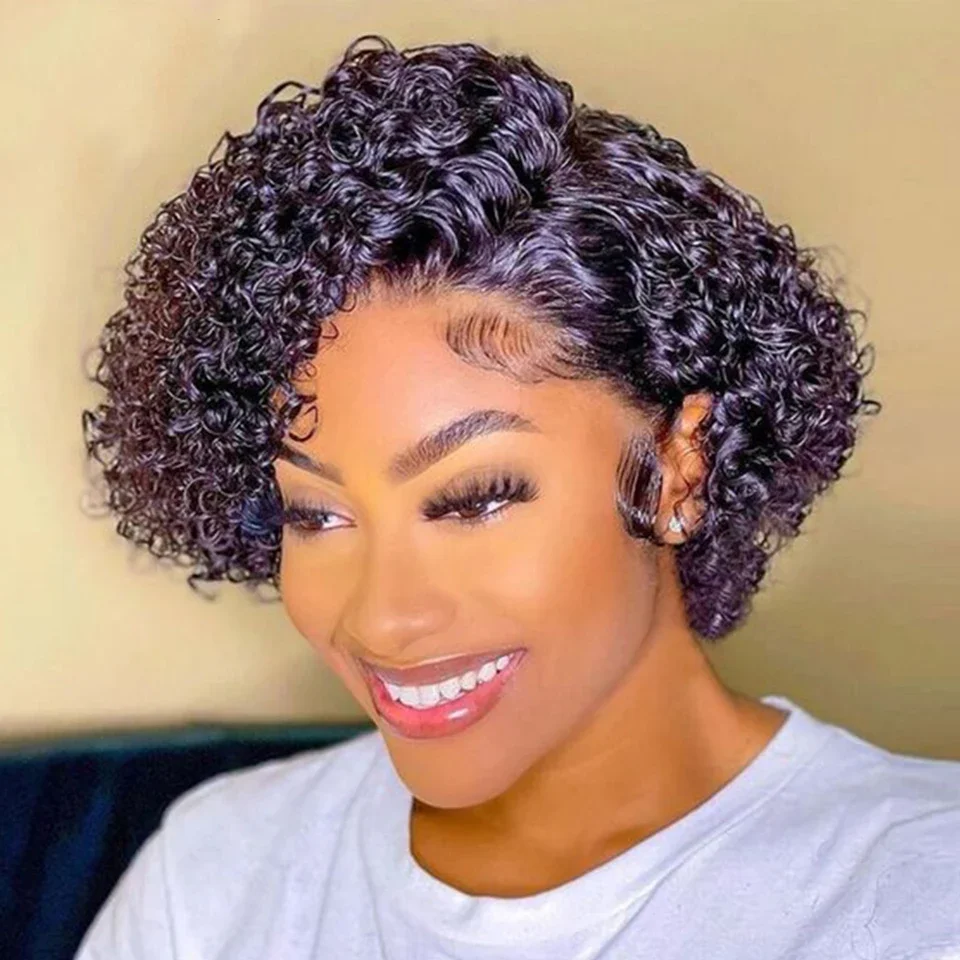 Malaysian Short Bob Wig Pixie Cut Wig Water Curly Hair Wig Cheap Side Part Transparent Lace Water Wave Wig Preplucked Hairline
