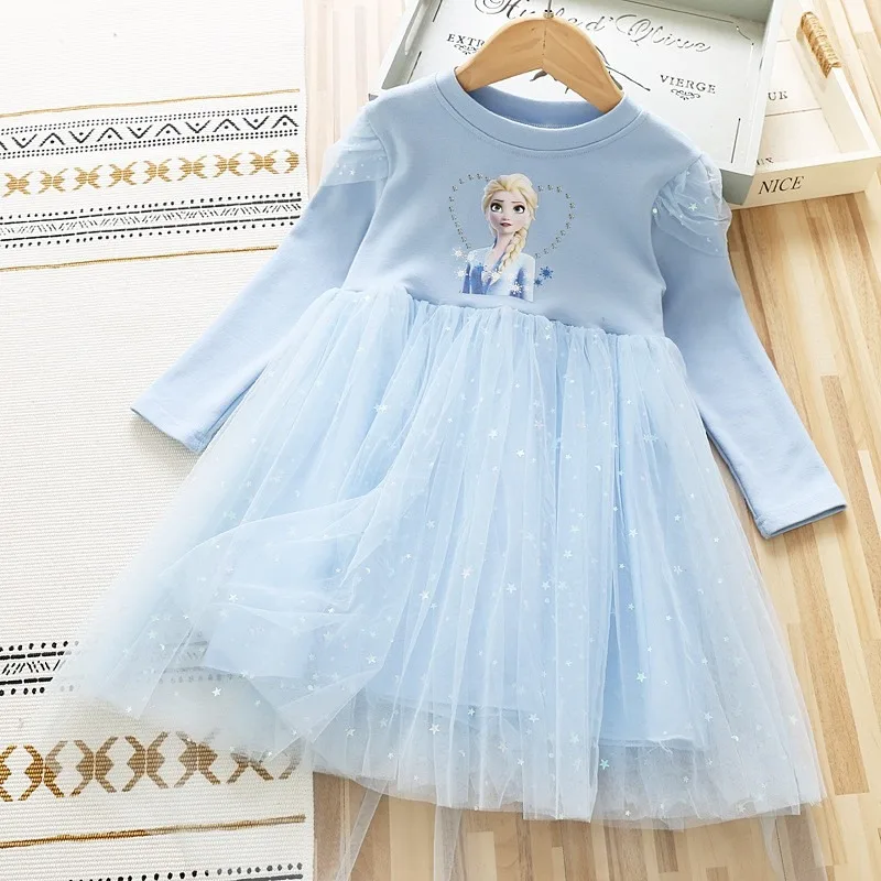 New Disney Girls Dress Long-sleeved Princess Dress for Children Gauze Kids Dress Frozen  Elsa Anna Birthday Party Clothes 2-8T