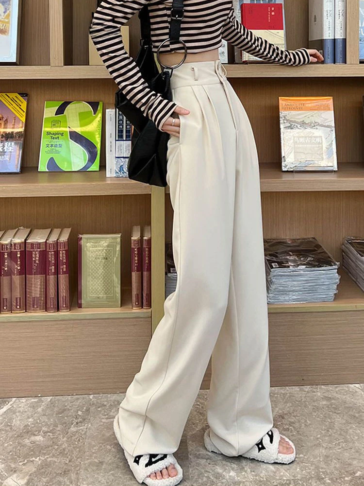 Black Suit Pants for Women Korean 2 Buttons Wide Leg Trousers Vintage Streetwear High Fashion Office Ladies Work Pants