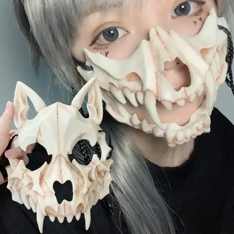 Party Skull Mask Long Teeth Demon Skeleton Half Face Mask Wolf Dragon Tiger Houjuu Nue Mask Cosplay Halloween Costume Props image 3