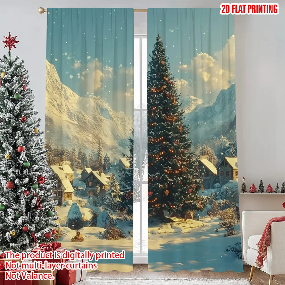 

2pcs 2D flat printing Christmas Party Curtain Snow Village Starry Night Golden Tree Versatile Polyester Fabric Without