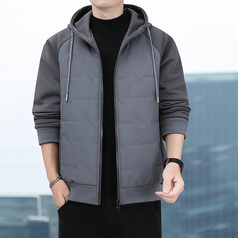 Męska kurtka puchowa na jesień i zimę 2025, patchworkowa, jednolita, zapinana na zamek, z kapturem, wiatroodporna, ciepła, z długim rękawem, odzież wierzchnia.