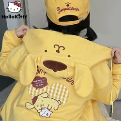 Sanrio melodia Cinnamoroll Pom Pom Purin z kapturem, na suwak sweter uroczy słodki haft bluzy z kapturem z motywem kreskówkowym luźny płaszcz damski