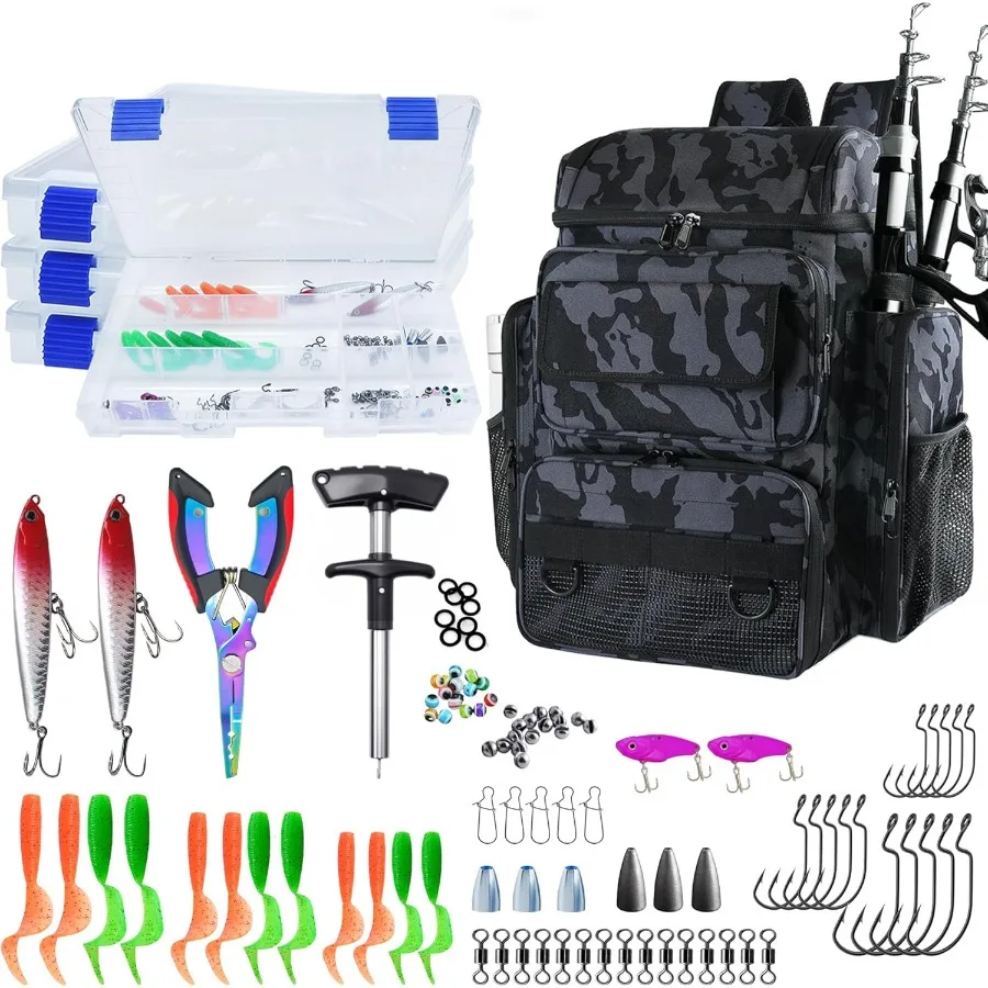 حقيبة ظهر لصيد الأسماك مع 4 3600 صناديق معالجة 98 قطعة مجموعة ملحقات الصيد 45L حقيبة معالجة كبيرة لصيد الأسماك والتخييم والتنزه المموه #1