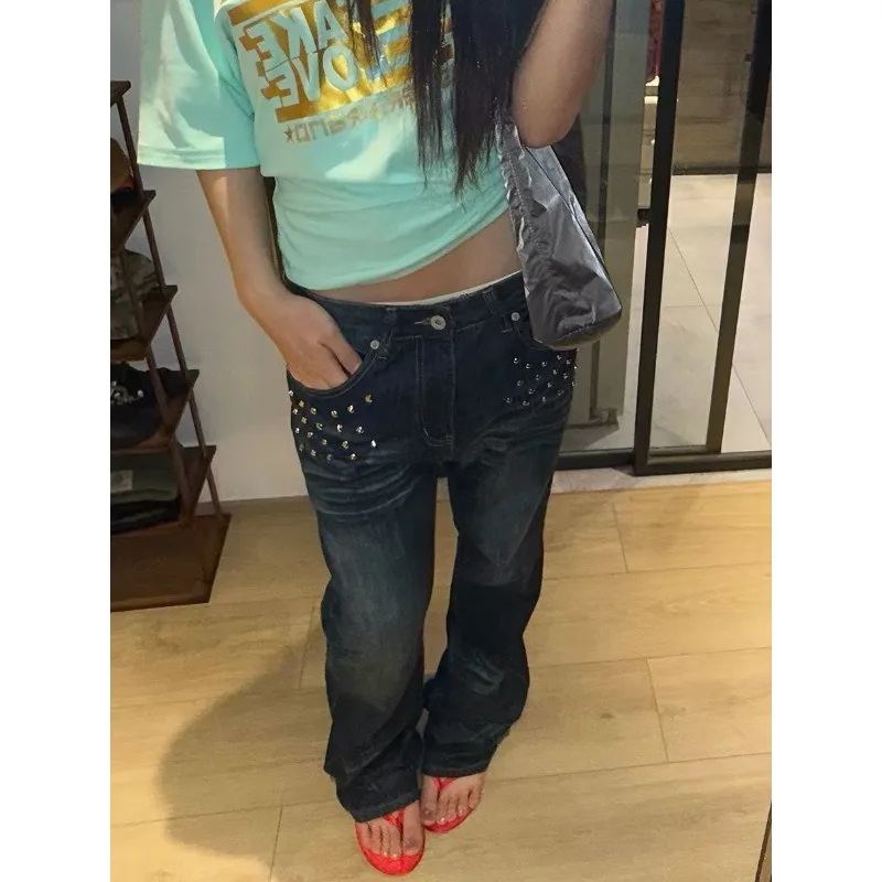 American Retro Low Waist Distressed Jeans Women Rhinestone Studded Slim Fit Jeans Y2k Hot Girl Streetwear Daily Casual Fashion