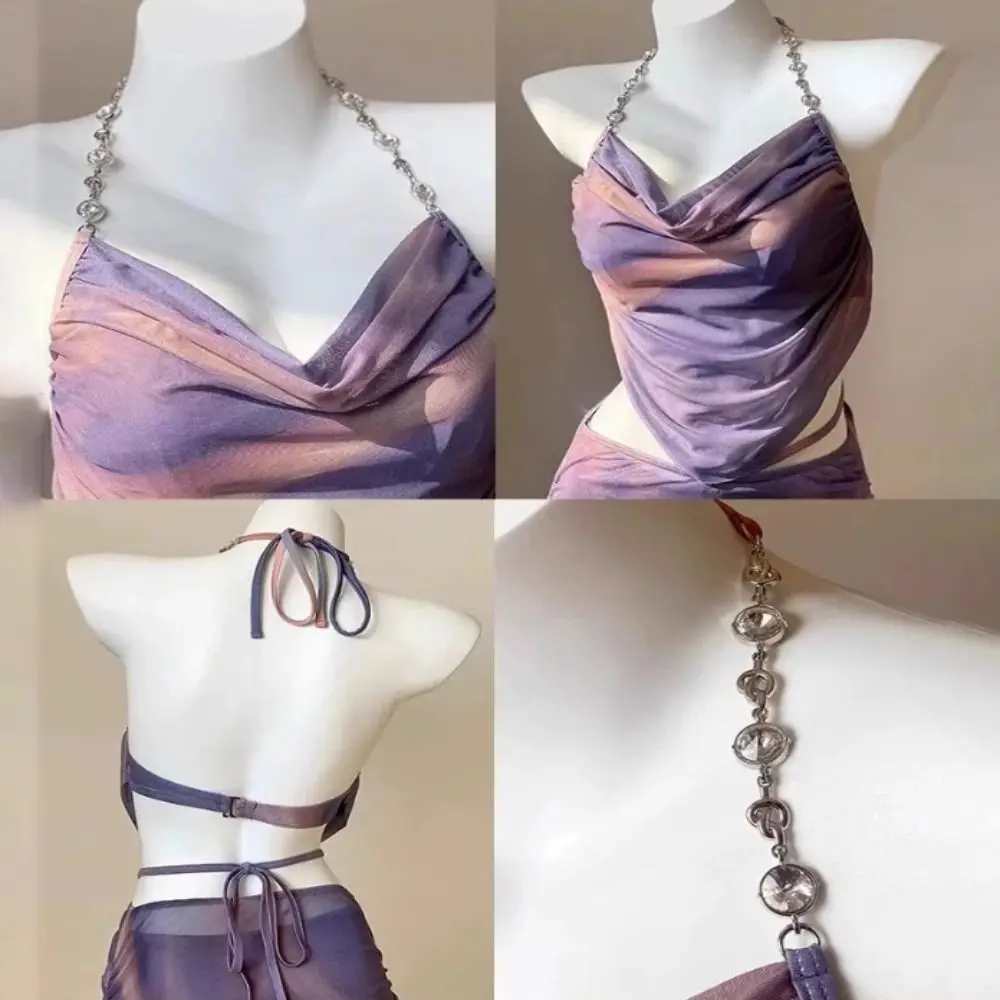 فستان طويل مثير بيكيني متجمع الصلب دعم الصدر الصغير ثلاث قطع مجموعة انقسام تنورة مغطاة اللحم عطلة الشاطئ ملابس السباحة #3