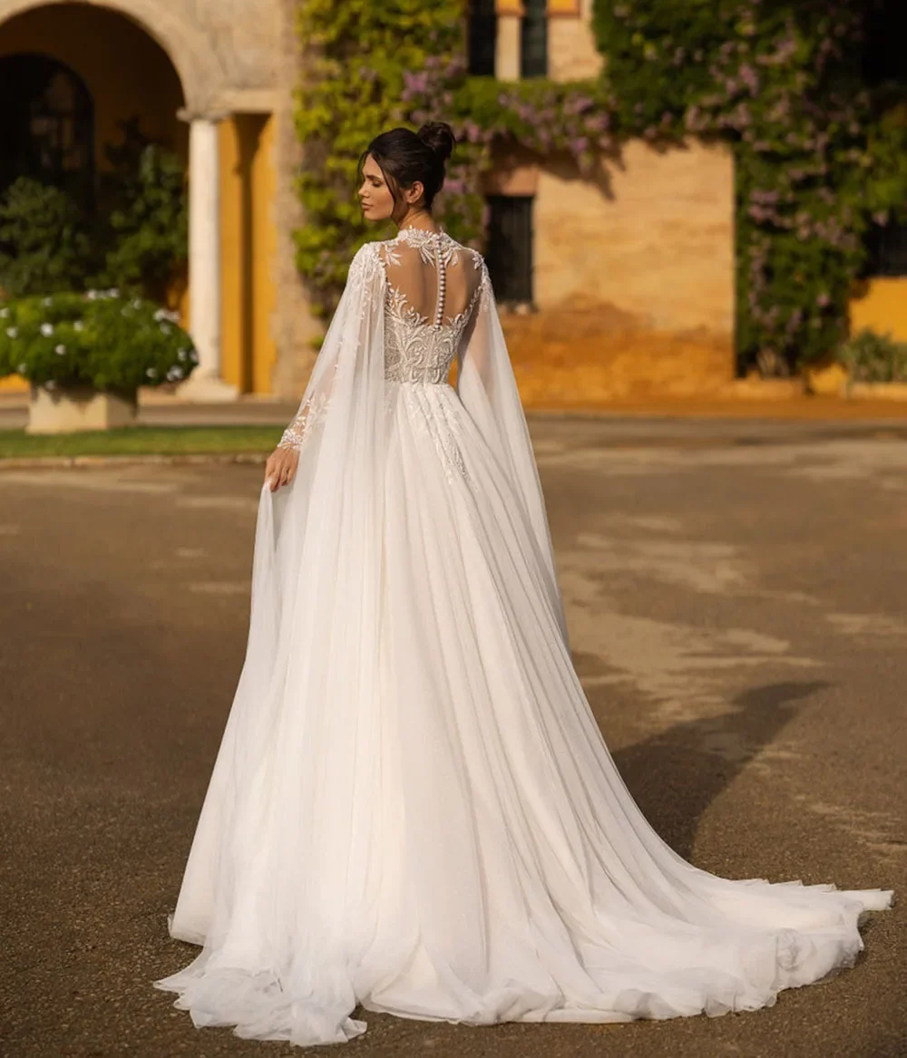 Robe de Mariée Boho à Manches sulfet Appliques en Dentelle, Tenue avec Cape, Col Haut, Ligne A, Icide, pour Patients de Plage, Quelle que soit la Princesse