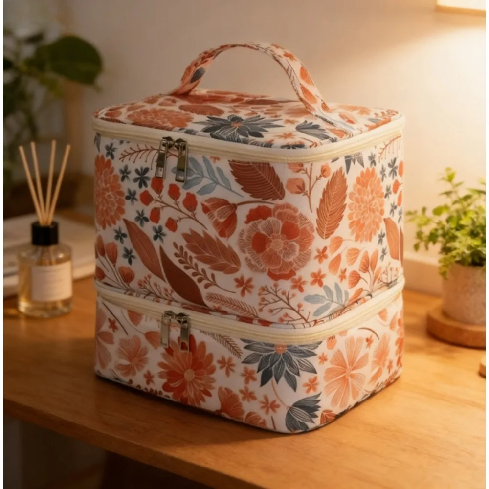 

Косметичка с цветочным принтом, двойное отделение, вместительный органайзер для туалетных принадлежностей, чехол для хранения лаков для ногтей, стильная дорожная сумка для макияжа