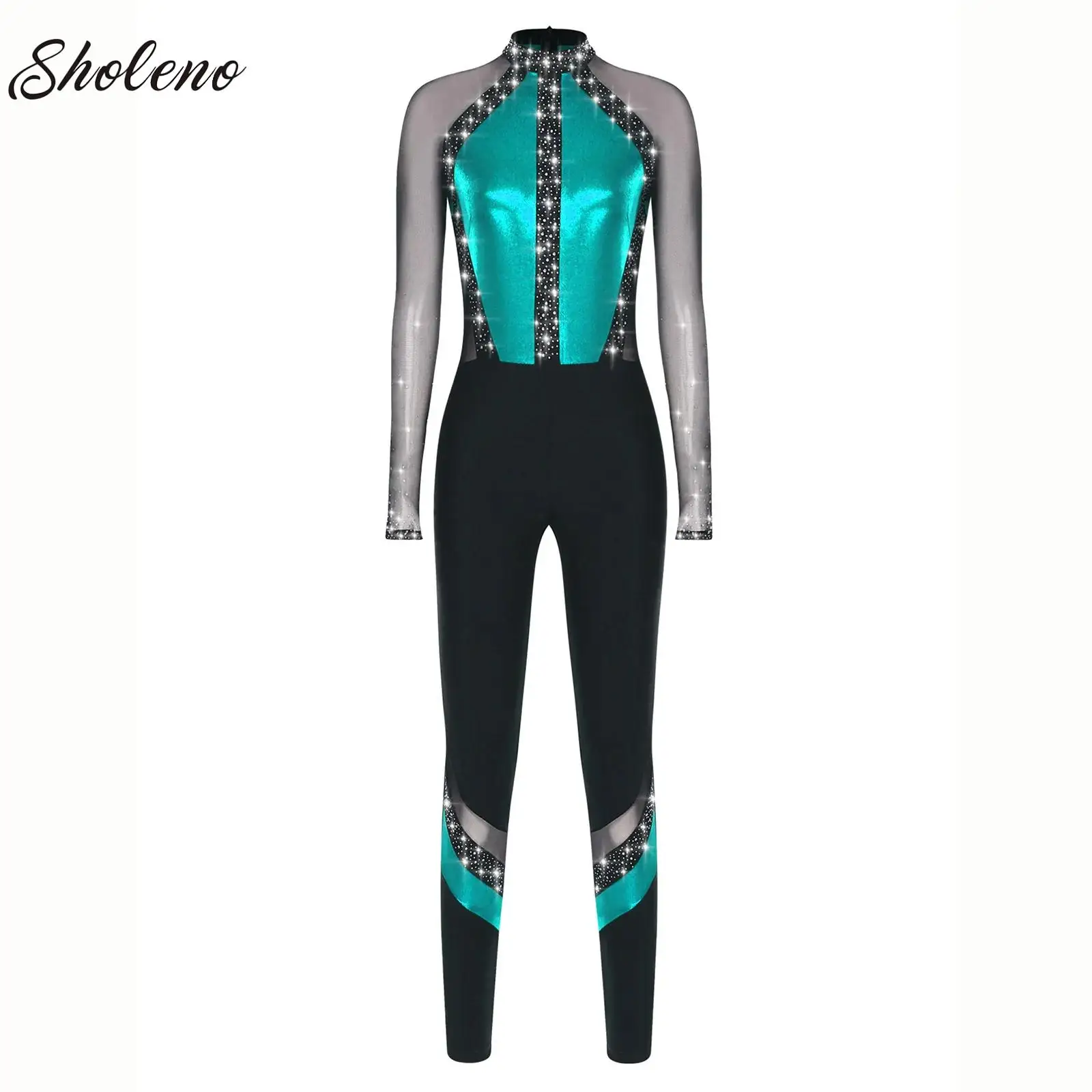 

Patchwork Long Sleeve Bodysuit Ballet Unitards for Women Sparkling Rhinestones One Piece Dance Full Body Leotard Yoga Jumpsuit