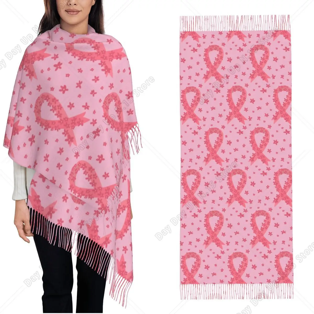 Pink Ribbon Scarf Winter Warm Pashmina Shawls and Wrap Breast Cancer Awareness Long Scarves with Tassel for Daily Wear