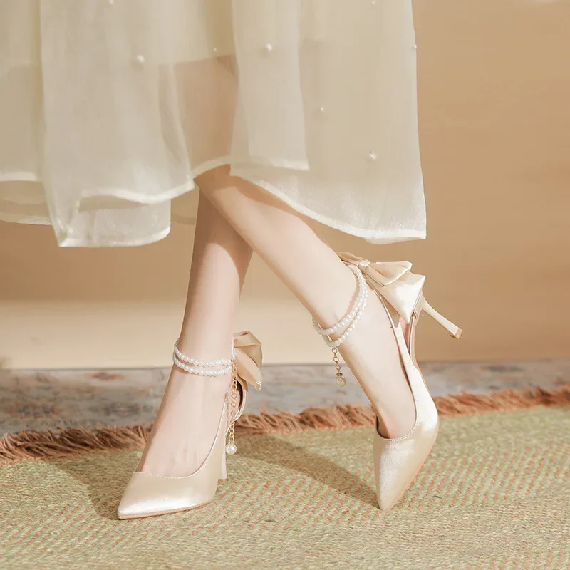 Size 30-44 Satin Shoes Women Daily Wearing White Bridesmaid Bride Wedding Shoes Dress Stiletto High Heels