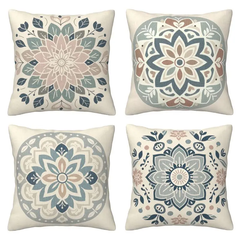 

4Pcs Bohemian Mandala Pillow Covers - Peach Skin Single-Sided Cushion Covers with Zipper for Home Decor