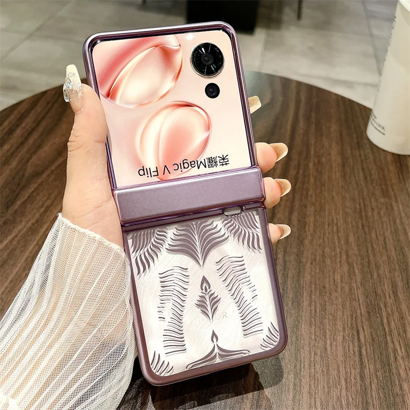 Luxury Feather Pattern Electroplating Transparent Hard PC Phone Cover for Honor Magic V Flip Case with Hinge Protection